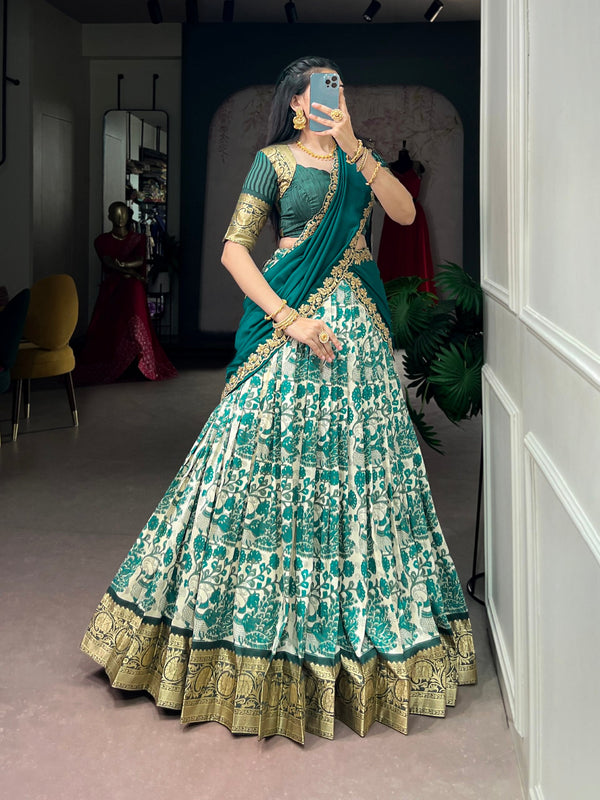 Sky Blue Silk Printed Lehenga ClothsVilla