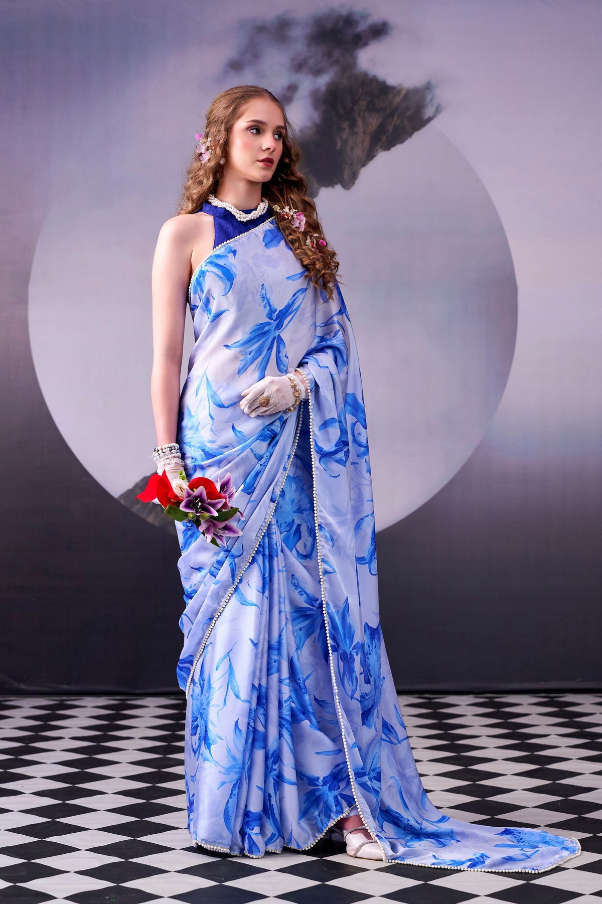 Sky Blue Silk Saree Pearl Border ClothsVilla
