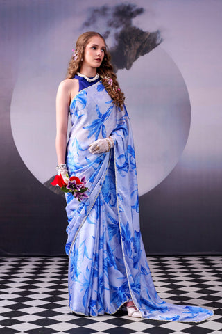 Sky Blue Silk Saree Pearl Border ClothsVilla