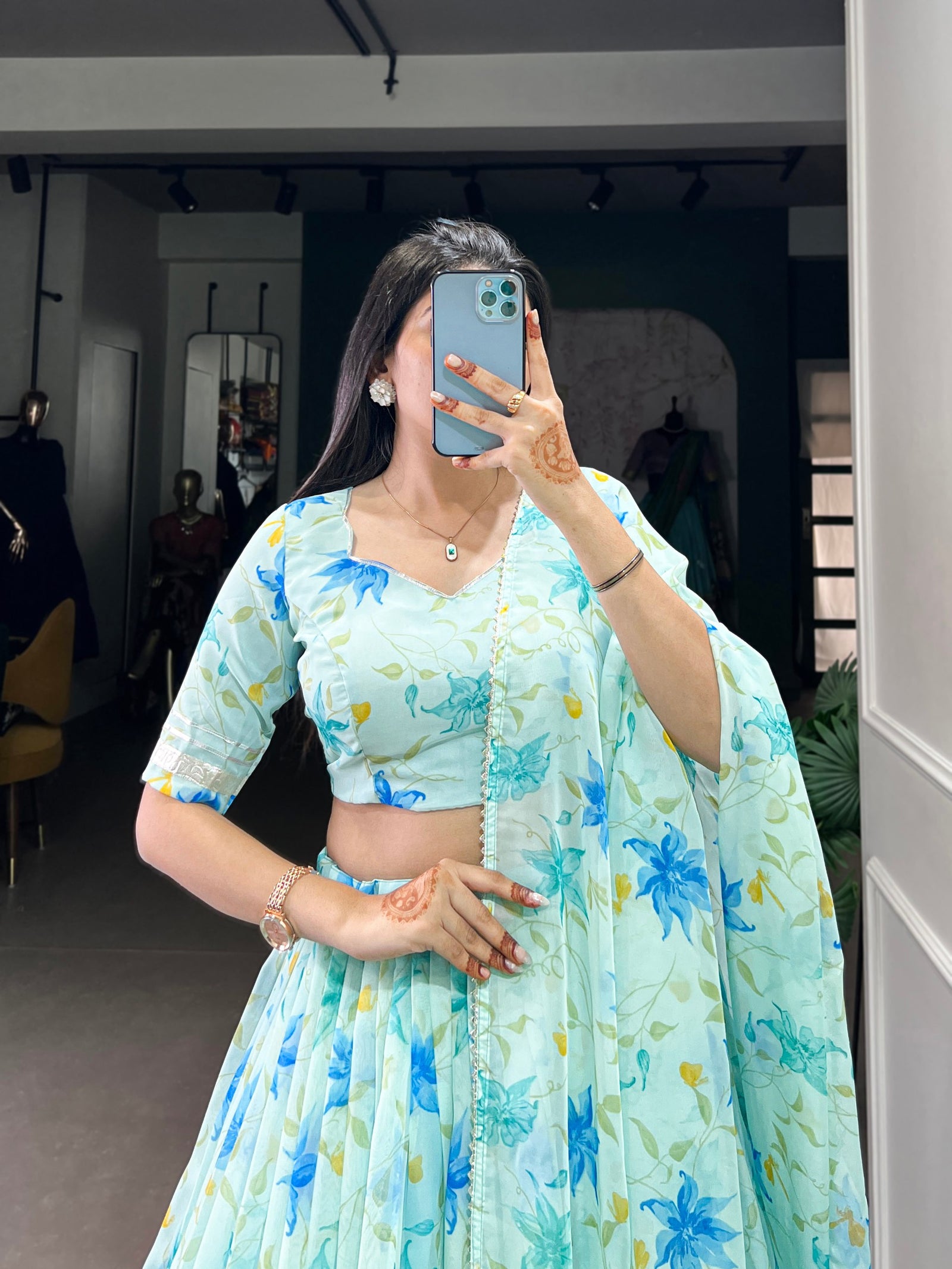 Sky Blue Silken Blooms Tabby Silk Floral Print Lehenga with Lace Accents & Matching Dupatta