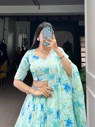 Sky Blue Silken Blooms Tabby Silk Floral Print Lehenga with Lace Accents & Matching Dupatta