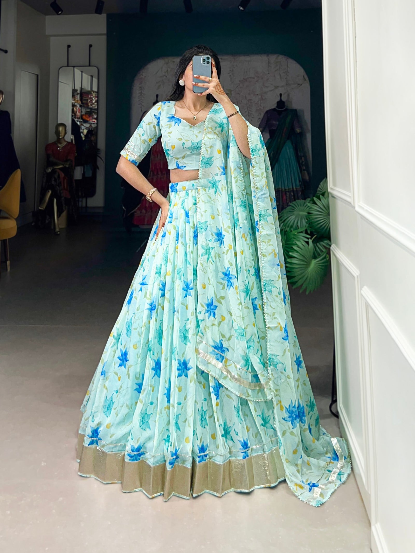 Sky Blue Silken Blooms Tabby Silk Floral Print Lehenga with Lace Accents & Matching Dupatta