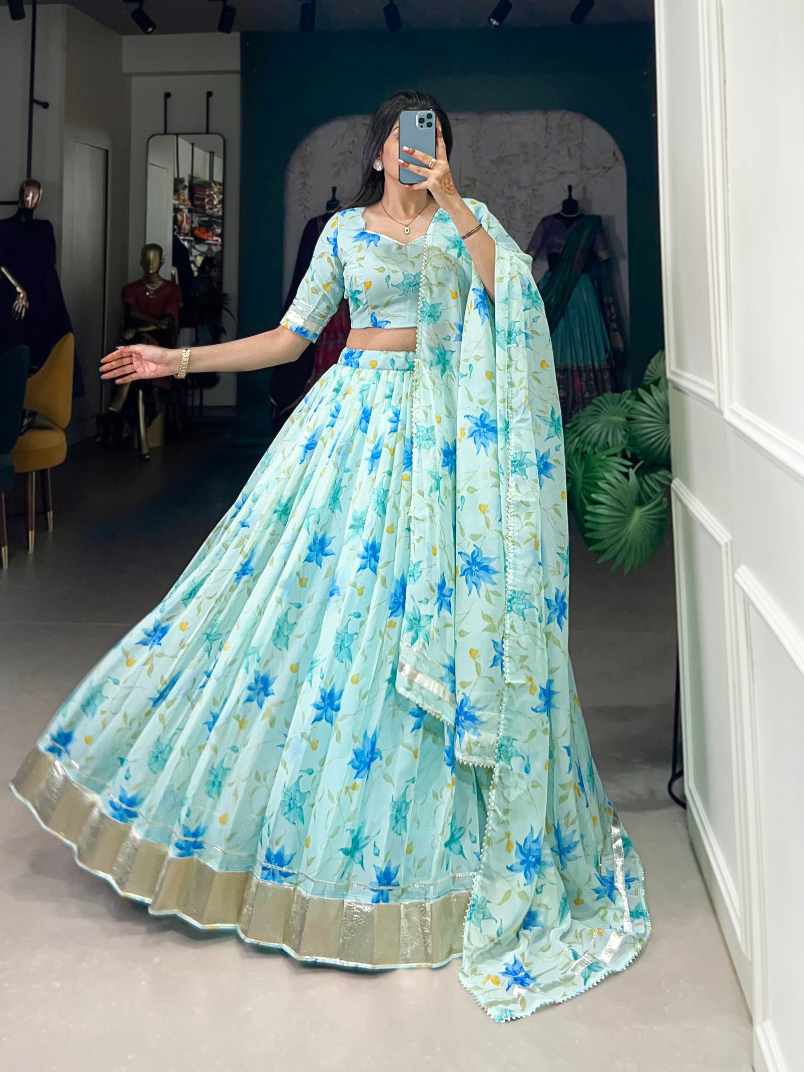 Sky Blue Silken Blooms Tabby Silk Floral Print Lehenga with Lace Accents & Matching Dupatta