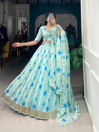 Sky Blue Silken Blooms Tabby Silk Floral Print Lehenga with Lace Accents & Matching Dupatta