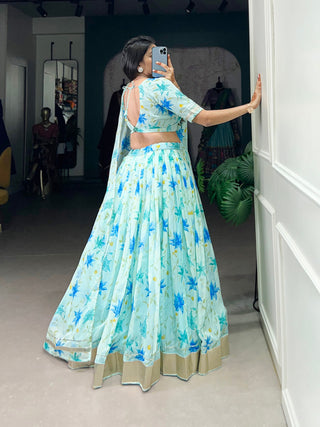 Sky Blue Silken Blooms Tabby Silk Floral Print Lehenga with Lace Accents & Matching Dupatta