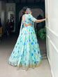 Load image into Gallery viewer, Sky Blue Silken Blooms Tabby Silk Floral Print Lehenga with Lace Accents &amp; Matching Dupatta