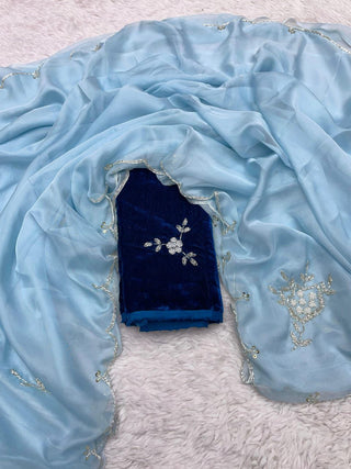Sky Blue Soft Organza Saree with Exquisite Handwork & Velvet Silk Blouse ClothsVilla