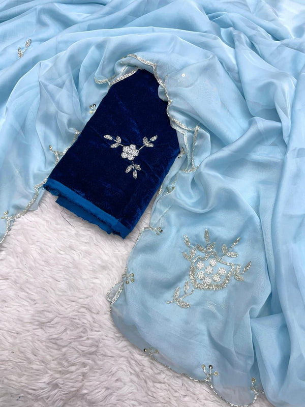 Sky Blue Soft Organza Saree with Exquisite Handwork & Velvet Silk Blouse ClothsVilla