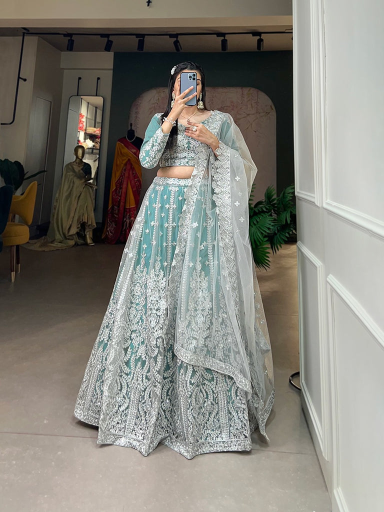 Sky Blue Starlight Sequin Net Lehenga Choli - Embody Radiance & Celebrate in Style ClothsVilla