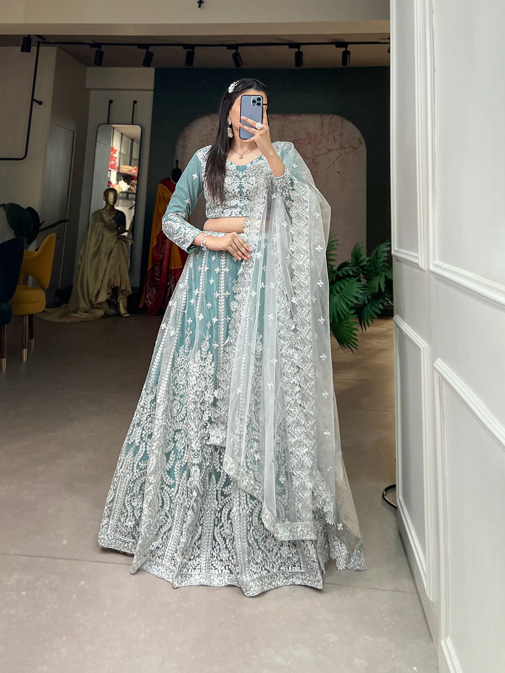 Sky Blue Starlight Sequin Net Lehenga Choli - Embody Radiance & Celebrate in Style ClothsVilla