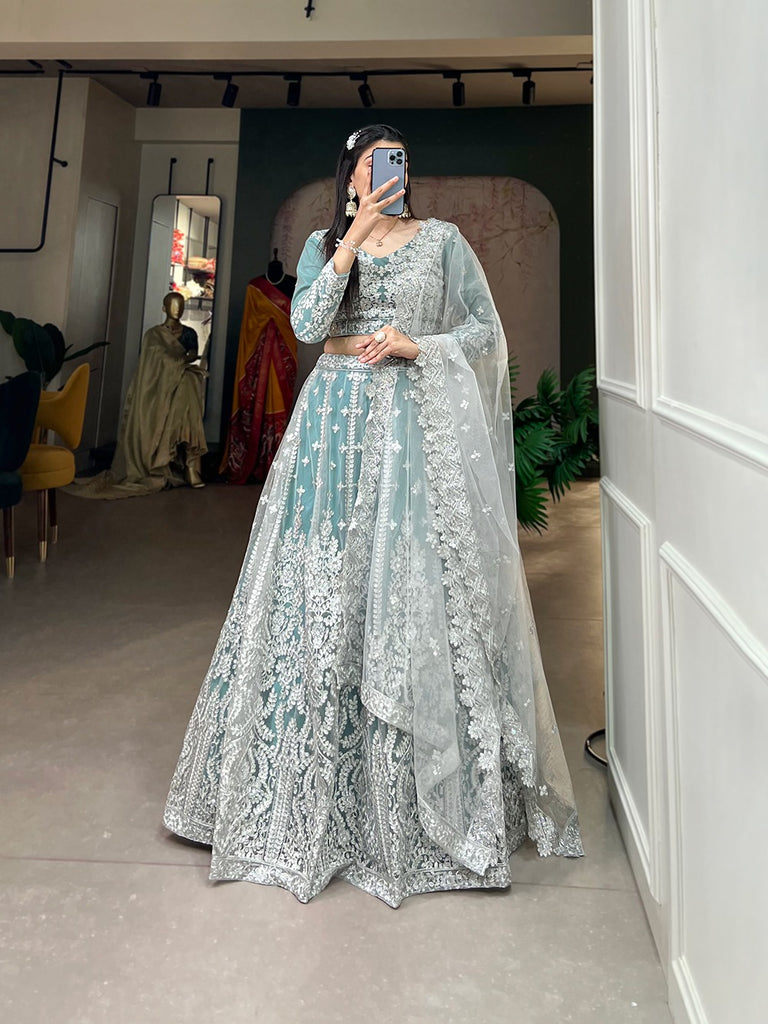 Sky Blue Starlight Sequin Net Lehenga Choli - Embody Radiance & Celebrate in Style ClothsVilla