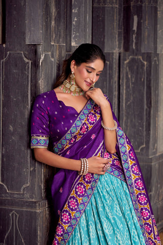 Sky Blue Tasar Silk Ikkat Print Lehenga Set with Embroidered Blouse & Dupatta ClothsVilla