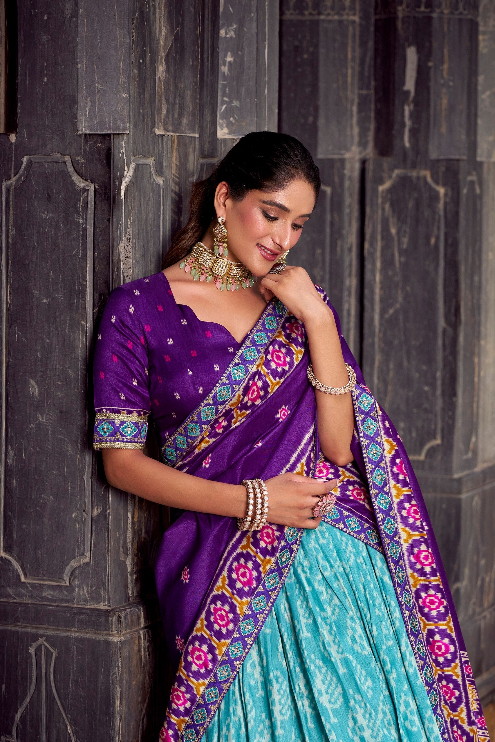 Sky Blue Tasar Silk Ikkat Print Lehenga Set with Embroidered Blouse & Dupatta ClothsVilla