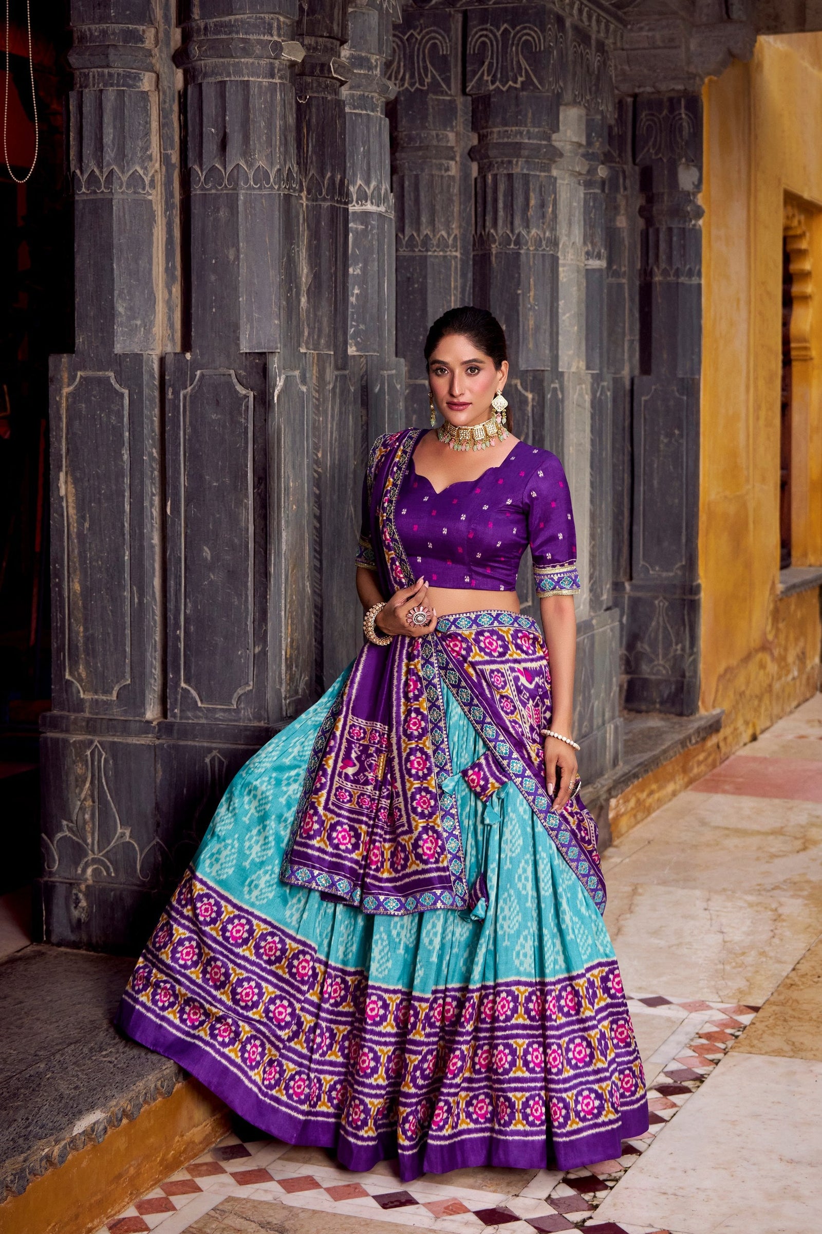 Sky Blue Tasar Silk Ikkat Print Lehenga Set with Embroidered Blouse & Dupatta ClothsVilla