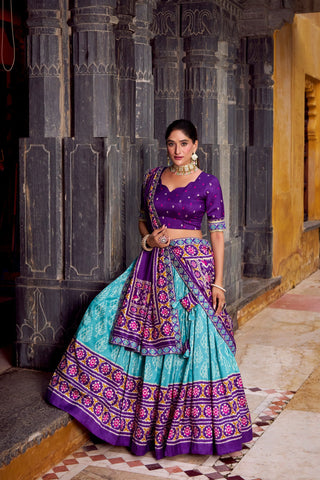 Sky Blue Tasar Silk Ikkat Print Lehenga Set with Embroidered Blouse & Dupatta ClothsVilla