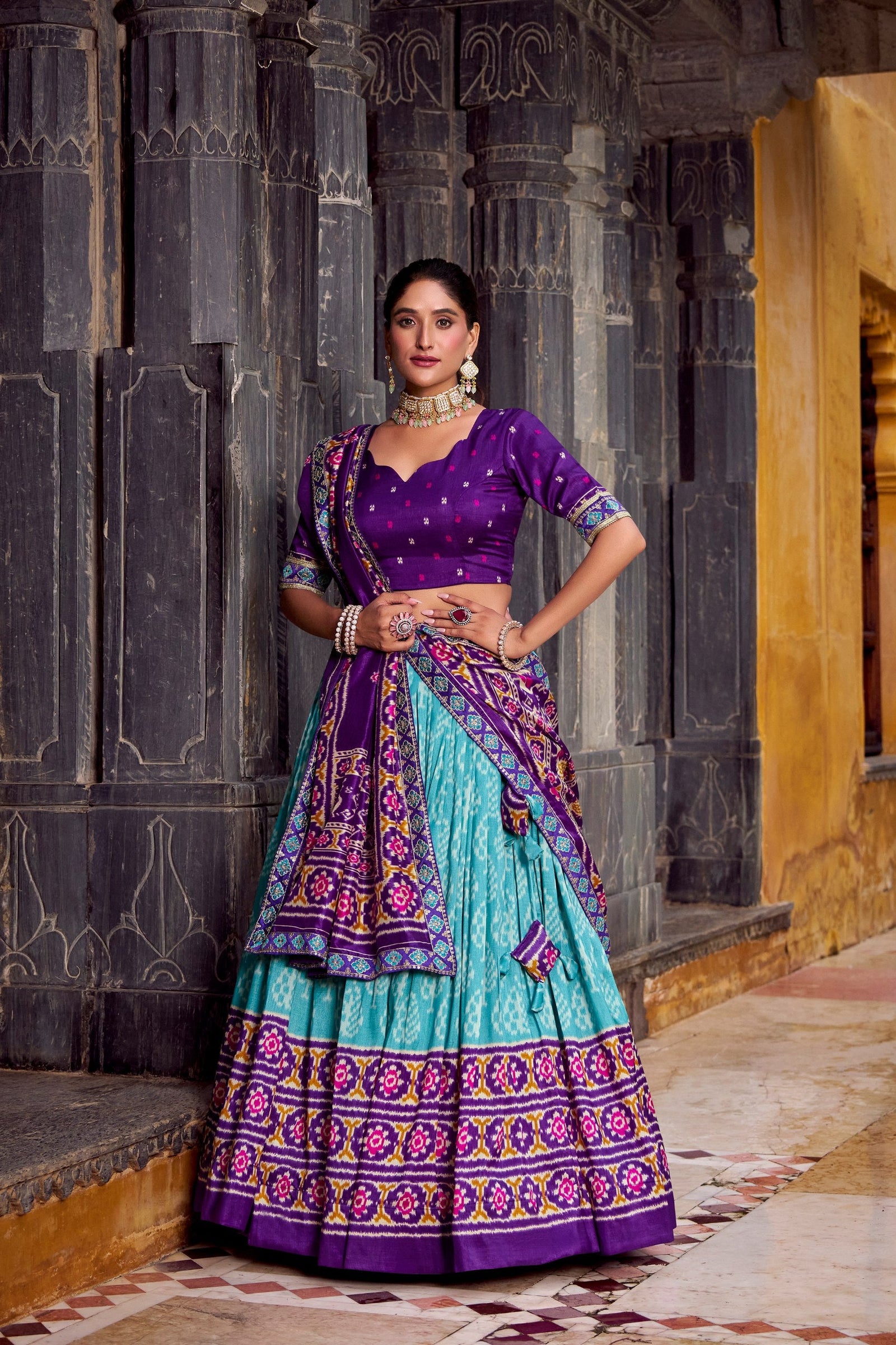 Sky Blue Tasar Silk Ikkat Print Lehenga Set with Embroidered Blouse & Dupatta ClothsVilla