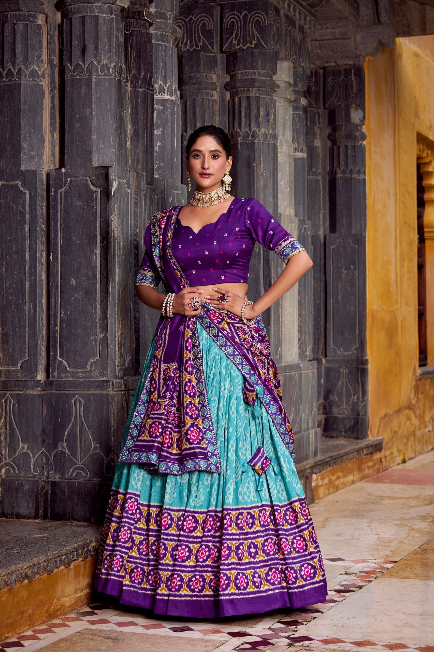 Sky Blue Tasar Silk Ikkat Print Lehenga Set with Embroidered Blouse & Dupatta ClothsVilla Main image