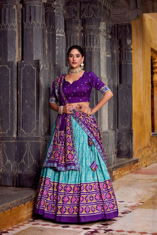 Sky Blue Tasar Silk Ikkat Print Lehenga Set with Embroidered Blouse & Dupatta ClothsVilla