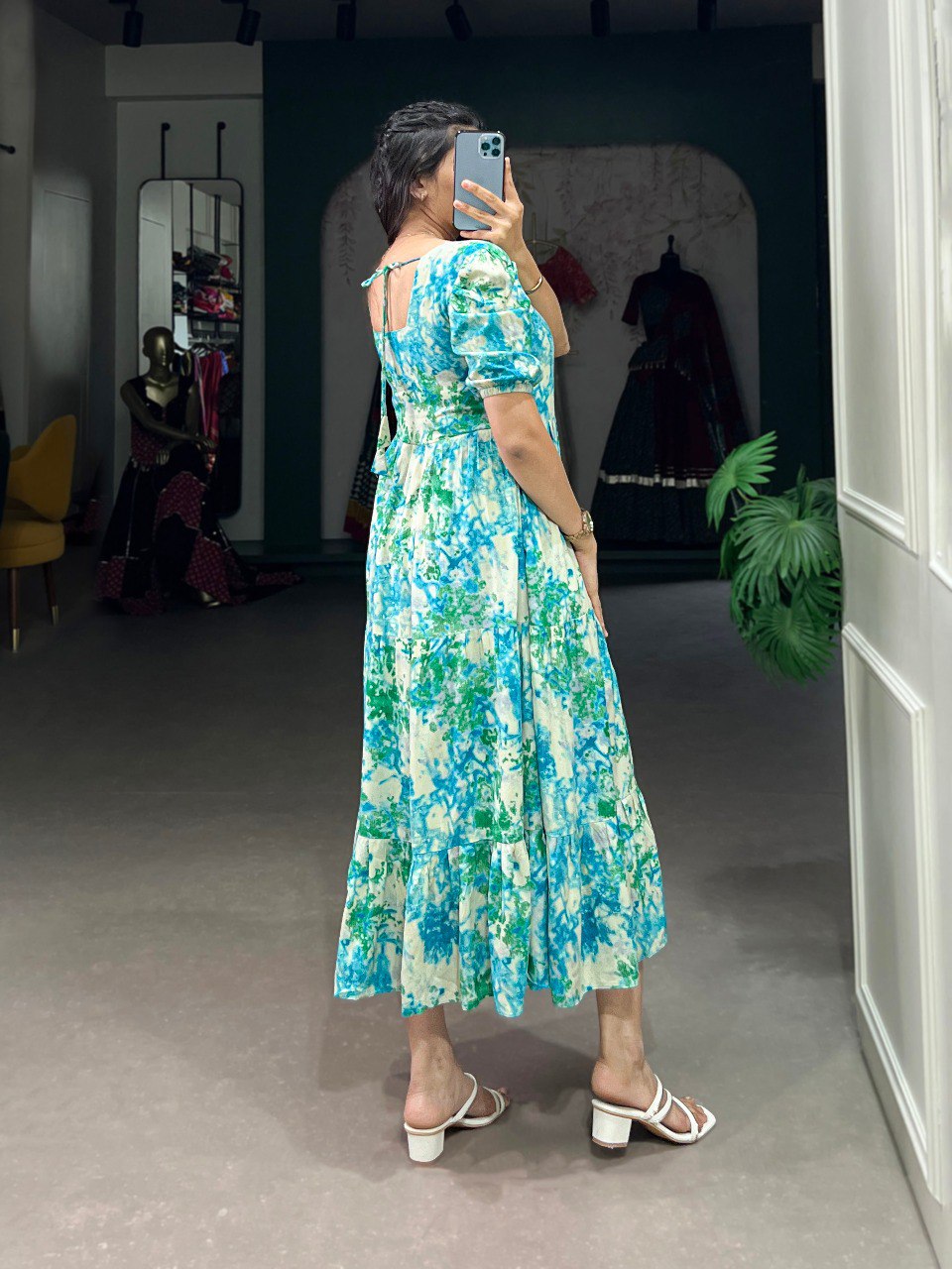 Sky Blue Three-Layered Ethnic Rayon Frock with Elegant Foil Print ClothsVilla