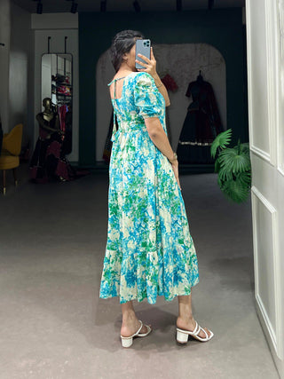 Sky Blue Three-Layered Ethnic Rayon Frock with Elegant Foil Print ClothsVilla