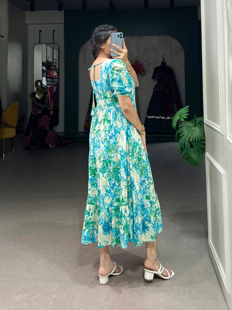 Sky Blue Three-Layered Ethnic Rayon Frock with Elegant Foil