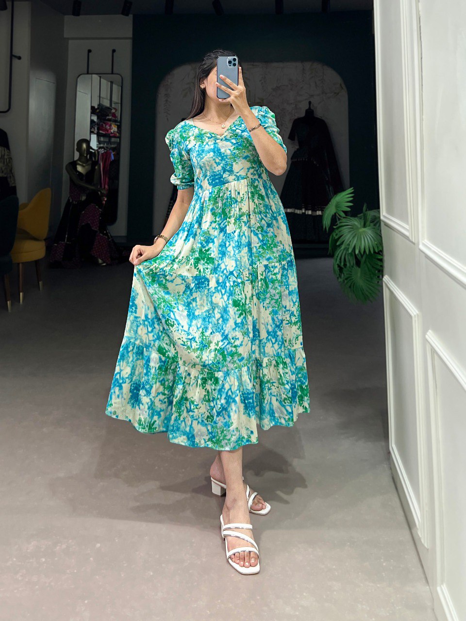 Sky Blue Three-Layered Ethnic Rayon Frock with Elegant Foil Print ClothsVilla