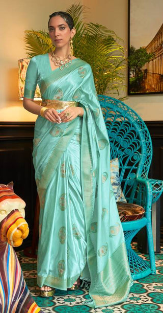 Sky Blue Traditional Baluchari Silk Blend Saree with Unstitched Blouse Piece ClothsVilla
