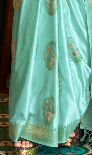 Sky Blue Traditional Baluchari Silk Blend Saree with Unstitched Blouse Piece ClothsVilla