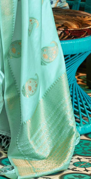 Sky Blue Traditional Baluchari Silk Blend Saree with Unstitched Blouse Piece ClothsVilla