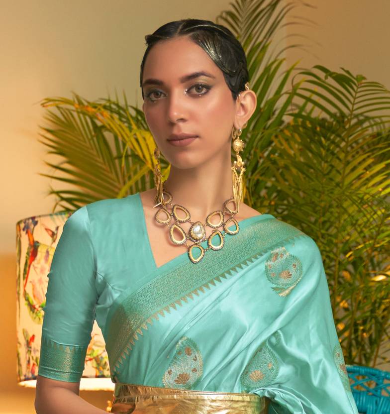 Sky Blue Traditional Baluchari Silk Blend Saree with Unstitched Blouse Piece ClothsVilla