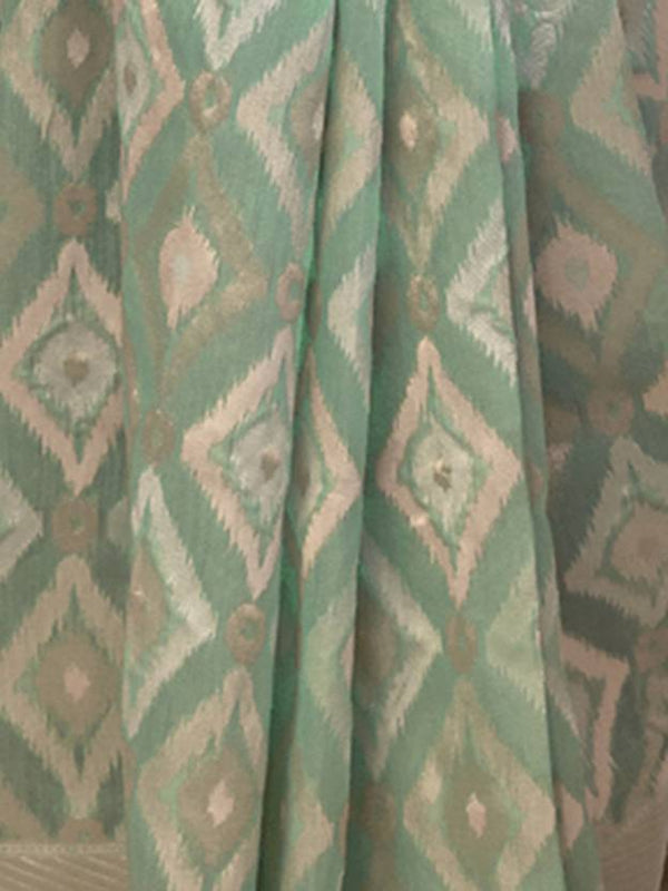 Sky Blue Traditional Linen Banarasi Saree with Unstitched Blouse Piece ClothsVilla