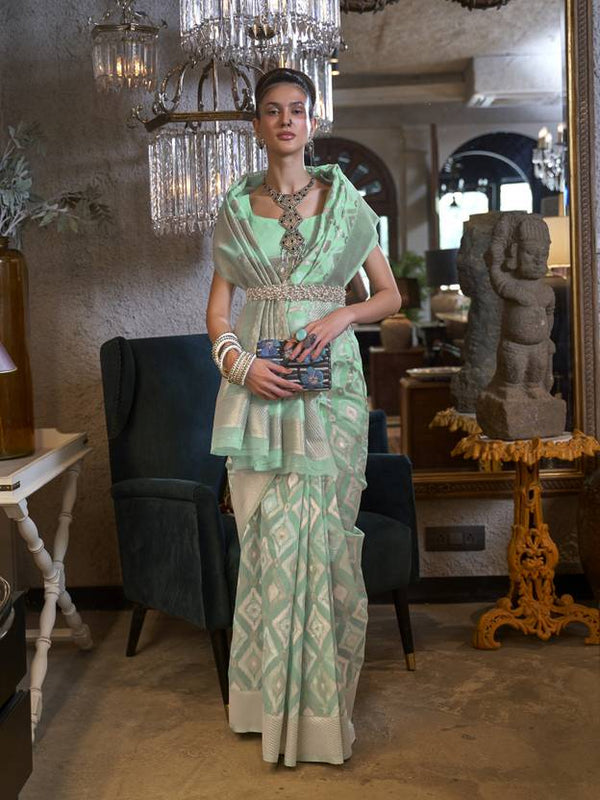 Sky Blue Traditional Linen Banarasi Saree with Unstitched Blouse Piece ClothsVilla