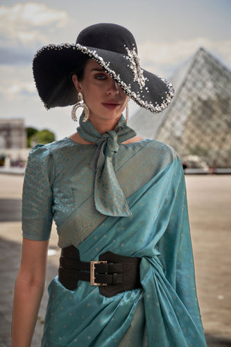 Sky Blue Traditional Woven Satin Silk Blend Saree with Blouse Piece – Festive & Partywear ClothsVilla