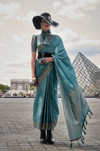 Sky Blue Traditional Woven Satin Silk Blend Saree with Blouse Piece – Festive & Partywear ClothsVilla