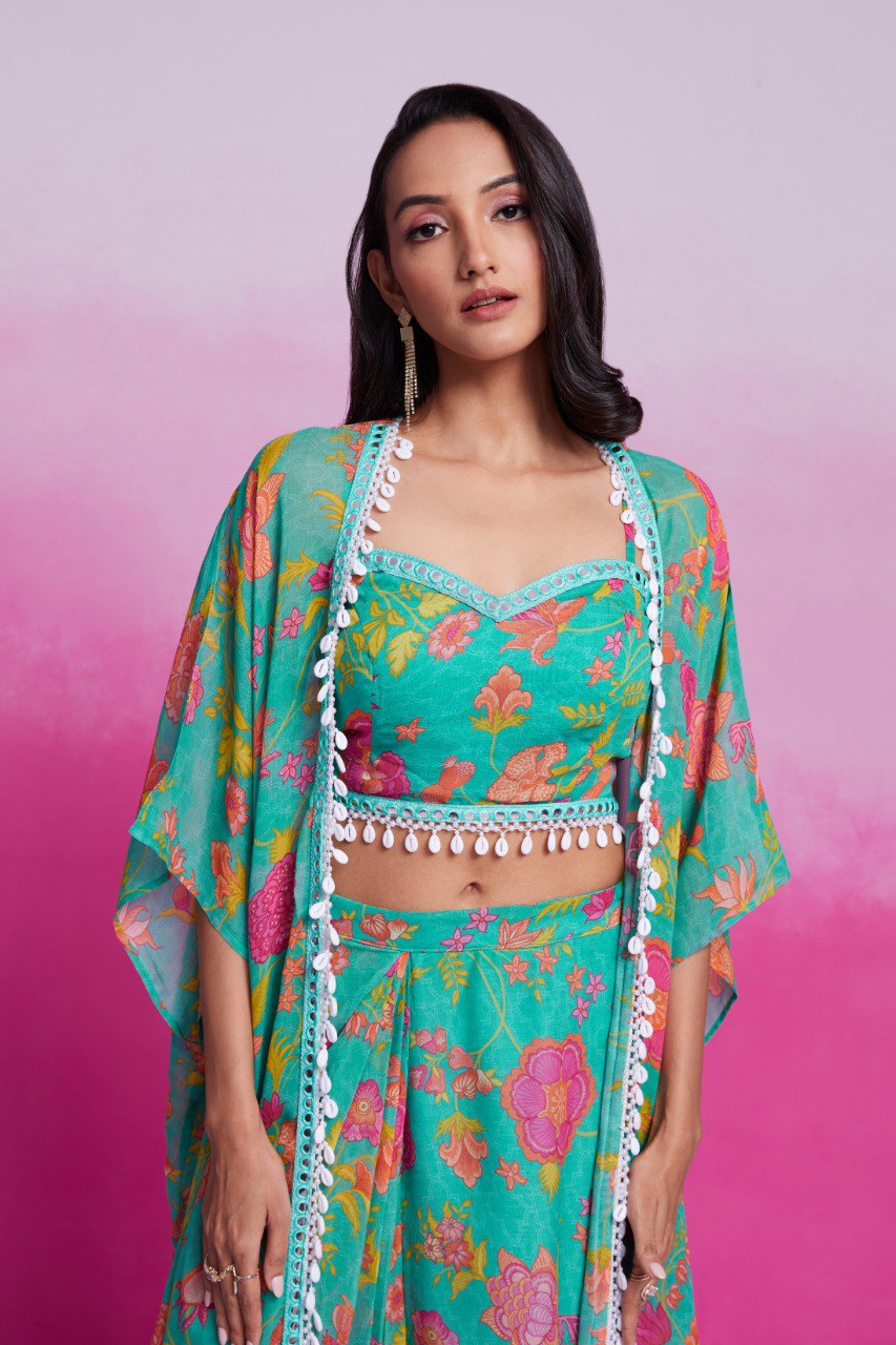 Sky Blue Turquoise Georgette Printed & Embroidered Three-Piece Set – Blouse, Jacket & Skirt Ready To Wear ClothsVilla
