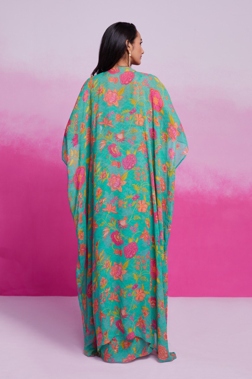 Sky Blue Turquoise Georgette Printed & Embroidered Three-Piece Set – Blouse, Jacket & Skirt Ready To Wear ClothsVilla