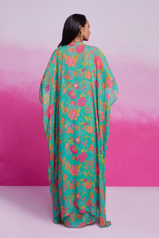 Sky Blue Turquoise Georgette Printed & Embroidered Three-Piece Set – Blouse, Jacket & Skirt Ready To Wear ClothsVilla