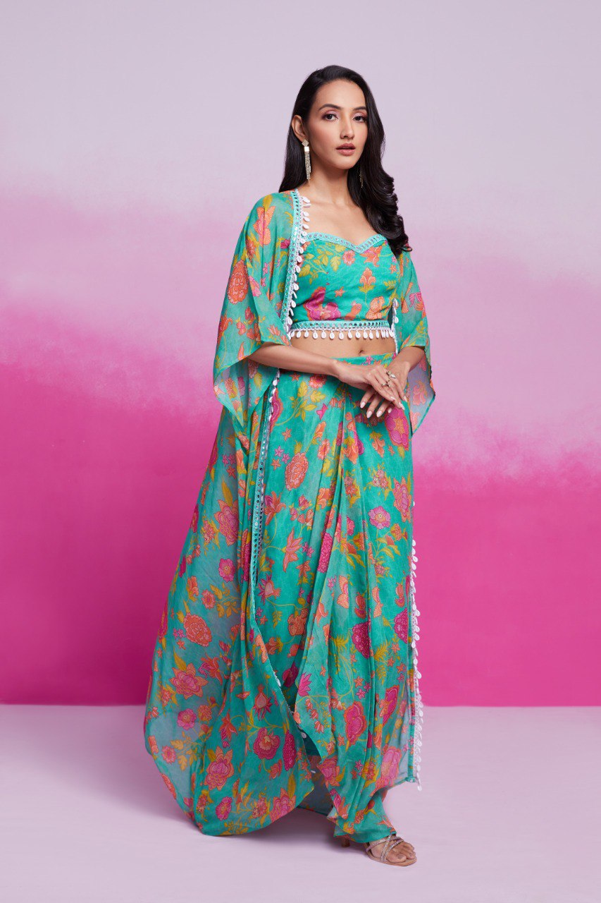 Sky Blue Turquoise Georgette Printed & Embroidered Three-Piece Set – Blouse, Jacket & Skirt Ready To Wear ClothsVilla