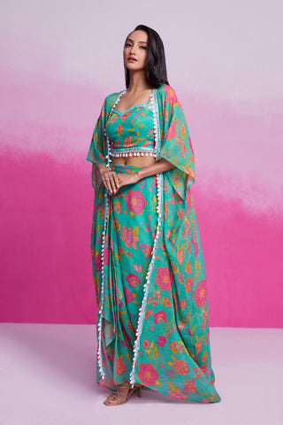 Sky Blue Turquoise Georgette Printed & Embroidered Three-Piece Set – Blouse, Jacket & Skirt Ready To Wear ClothsVilla