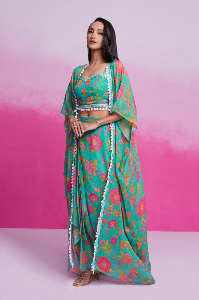 Sky Blue Turquoise Georgette Printed & Embroidered Three-Piece Set – Blouse, Jacket & Skirt Ready To Wear ClothsVilla