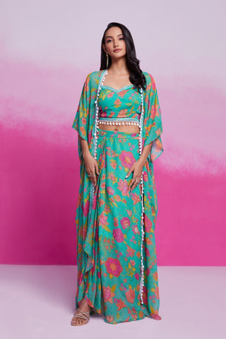 Sky Blue Turquoise Georgette Printed & Embroidered Three-Piece Set – Blouse, Jacket & Skirt Ready To Wear ClothsVilla