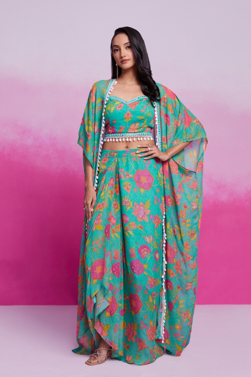 Sky Blue Turquoise Georgette Printed & Embroidered Three-Piece Set – Blouse, Jacket & Skirt Ready To Wear ClothsVilla