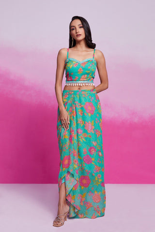 Sky Blue Turquoise Georgette Printed & Embroidered Three-Piece Set – Blouse, Jacket & Skirt Ready To Wear ClothsVilla