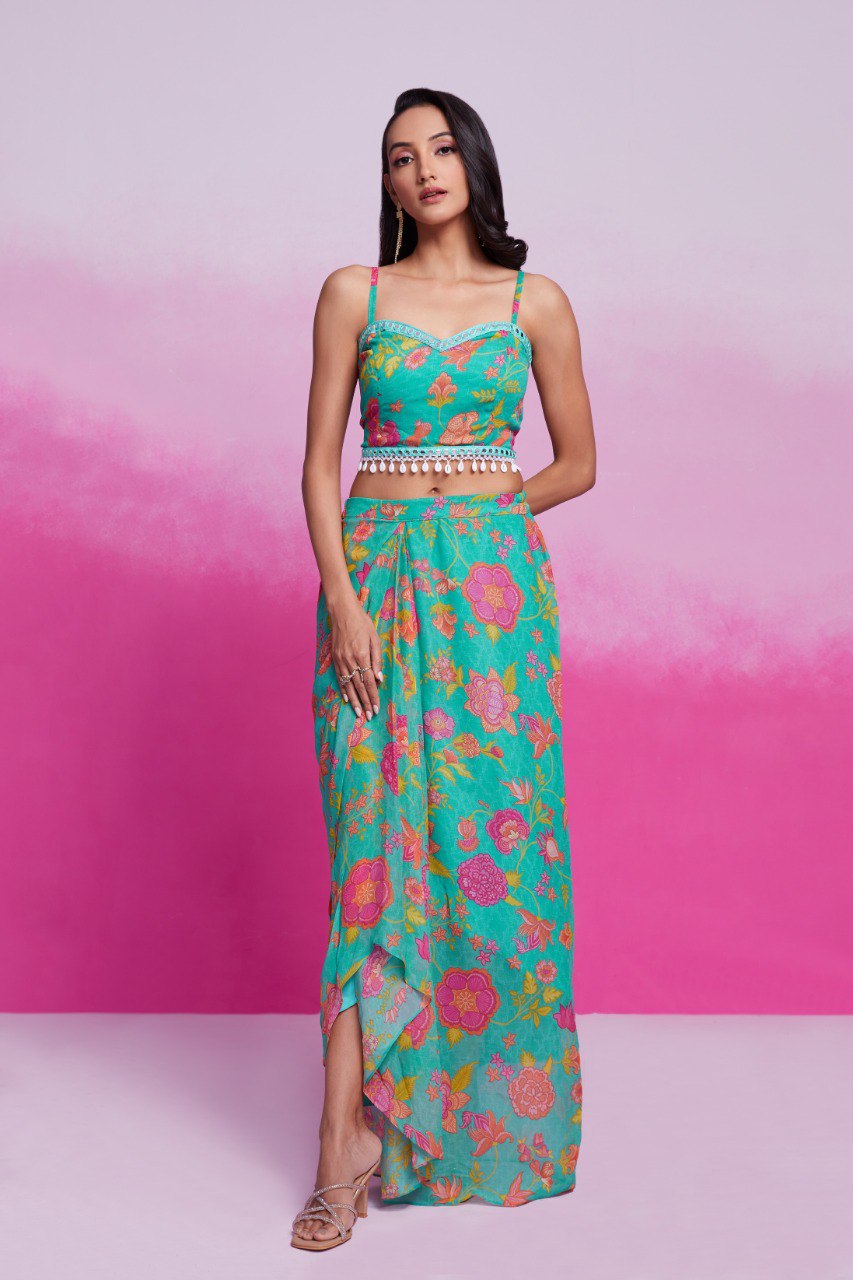 Sky Blue Turquoise Georgette Printed & Embroidered Three-Piece Set – Blouse, Jacket & Skirt Ready To Wear ClothsVilla