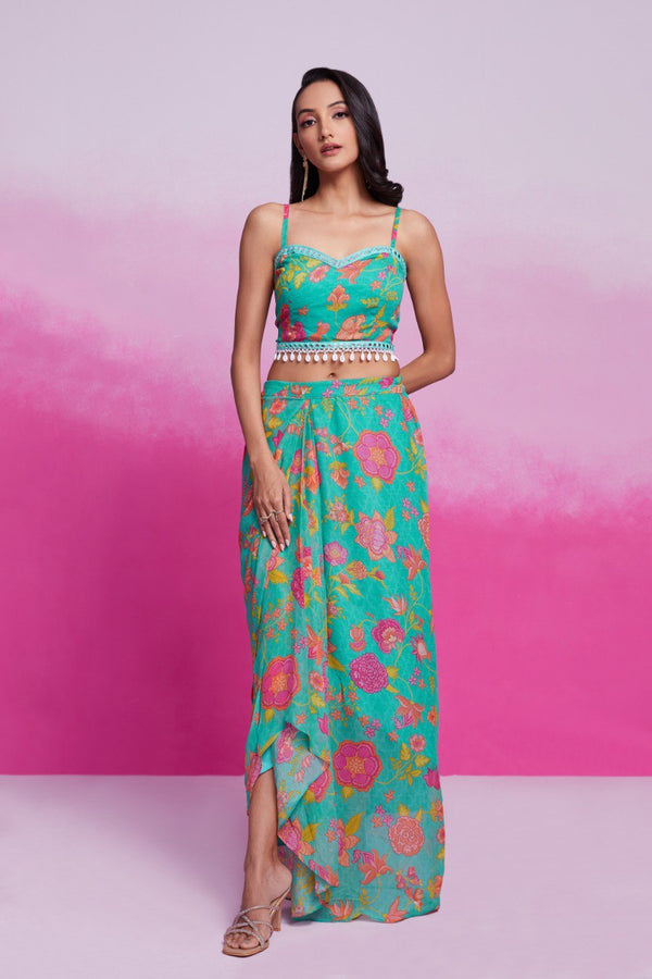 Sky Blue Turquoise Georgette Printed & Embroidered Three-Piece Set – Blouse, Jacket & Skirt Ready To Wear ClothsVilla
