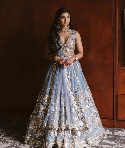 Dusty Blue Vibrant Net Lehenga Set with Foil Paper & Zari Work ClothsVilla