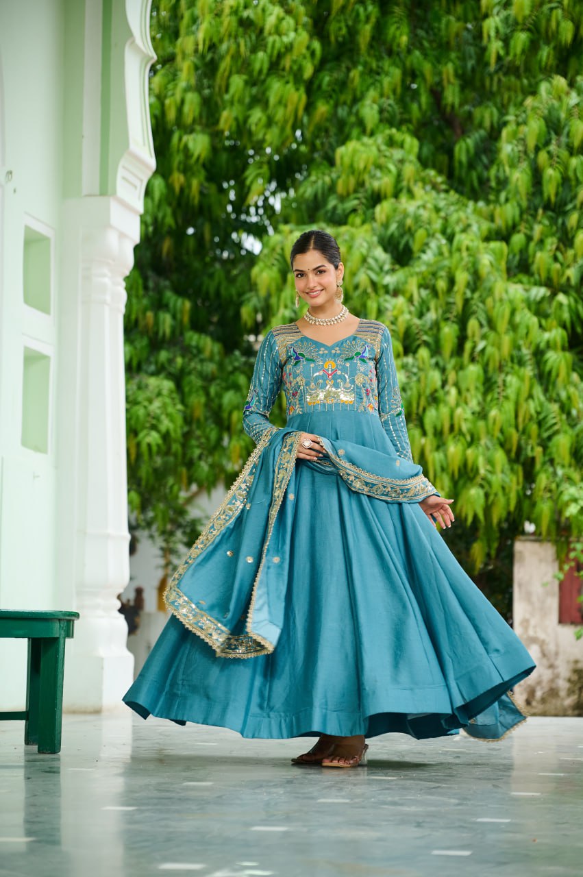 Sky Blue Vichitra Silk Sequins & Zari Embroidered 12-Kali Anarkali Gown with Designer Dupatta ClothsVilla Main image