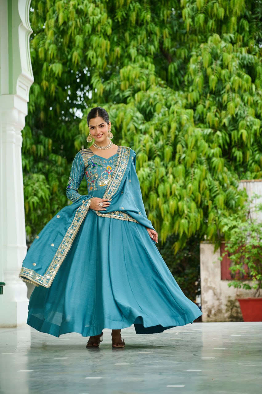 Sky Blue Vichitra Silk Sequins & Zari Embroidered 12-Kali Anarkali Gown with Designer Dupatta ClothsVilla
