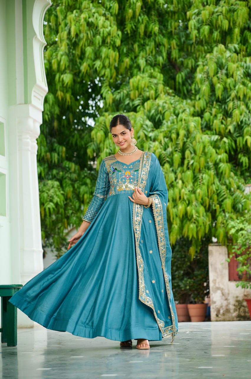 Sky Blue Vichitra Silk Sequins & Zari Embroidered 12-Kali Anarkali Gown with Designer Dupatta ClothsVilla