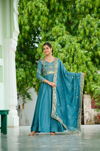 Sky Blue Vichitra Silk Sequins & Zari Embroidered 12-Kali Anarkali Gown with Designer Dupatta ClothsVilla